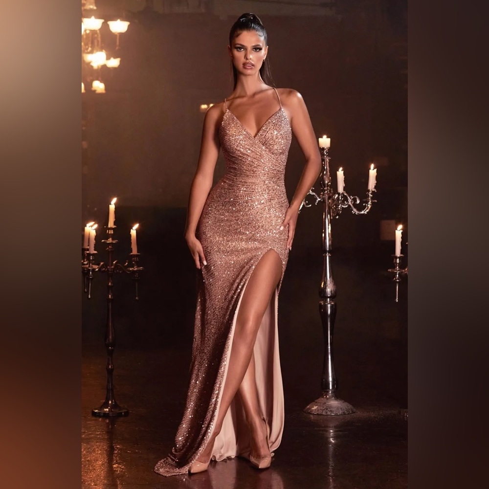Cinderella Divine Rose Gold Sequin Slit Evening Gown